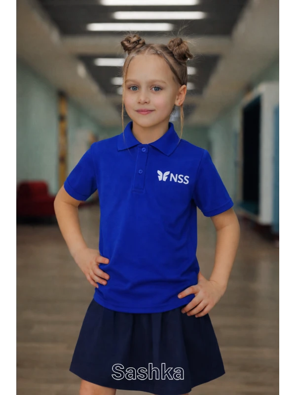 Поло для дівчинки синє з логотипом школи NSS, розмір 116-188